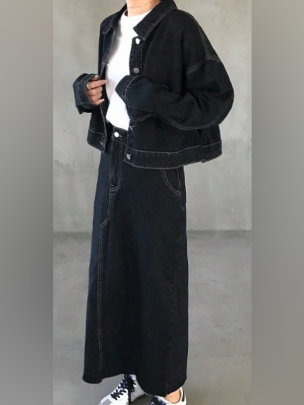 Classic Black Cropped Denim Jacket and Skirt- Women